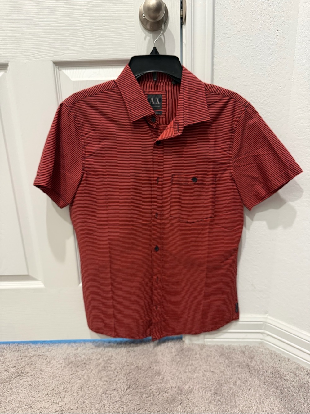 Armani Exchange Red Short-Sleeve Striped Button-Up Shirt